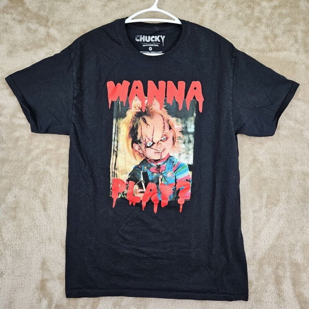 Ripple Junction Chucky Wanna Play Spell Out T-Shirt Mens Sz M Black Graphic Tee